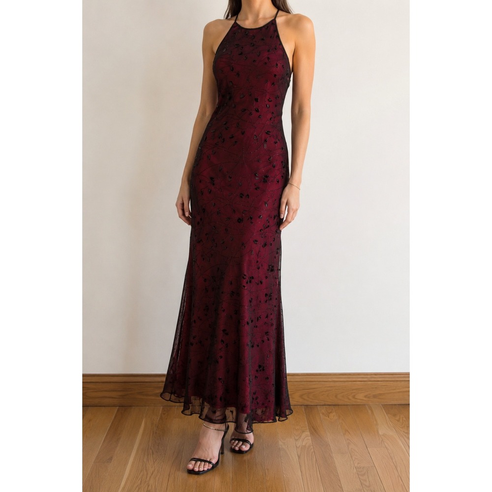 Vintage Chelsea Nites Whimsigoth Maxi Dress 10 Dark Floral Velvet Mesh 90s Y2K
